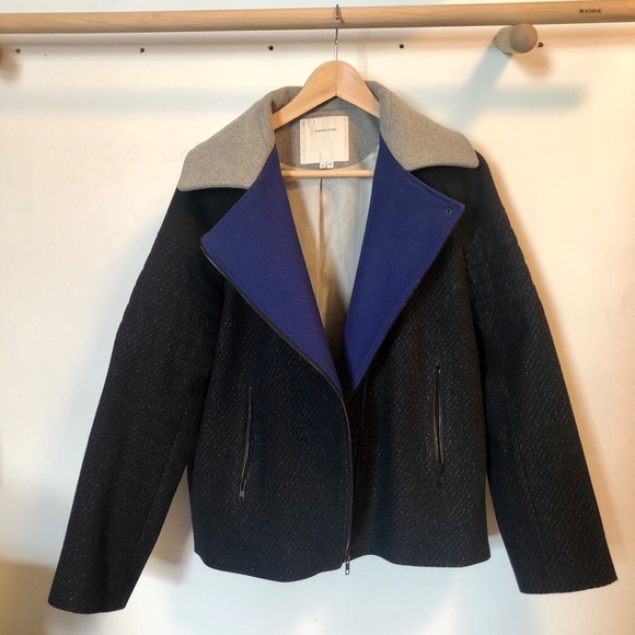 Wool Moto-style jacket with blue collar - Picture 2 of 6